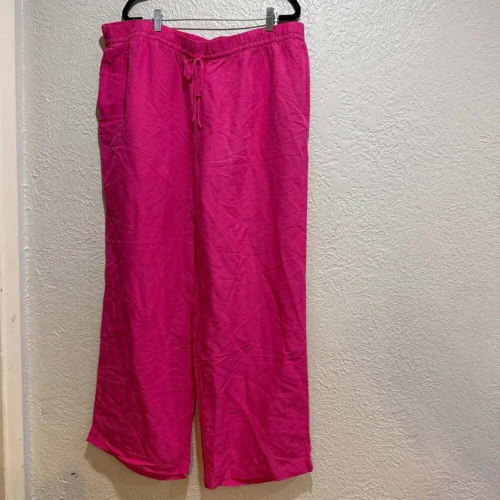 H&M Linen Blend High Waisted Cropped Baggy Pants Hot Pink Women’s Size XL